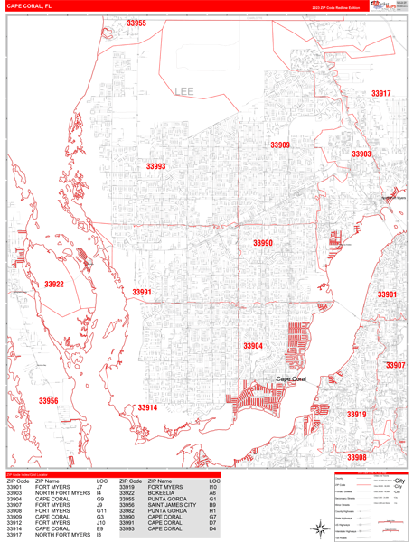 Cape Coral City Digital Map Red Line Style